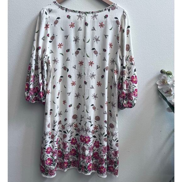 Max Studio Linen V-Neck Floral Printed Puff Sleeve Midi Dress Loose Fit Boho L - Picture 4 of 10